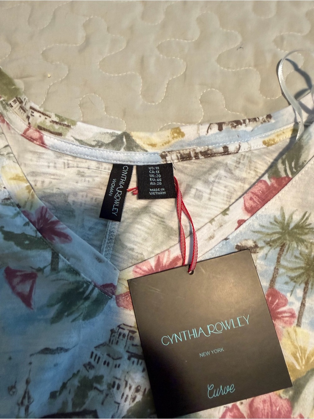 Cynthia Rowley Light Blue Floral V-Neck Top with Pink & Green Accents